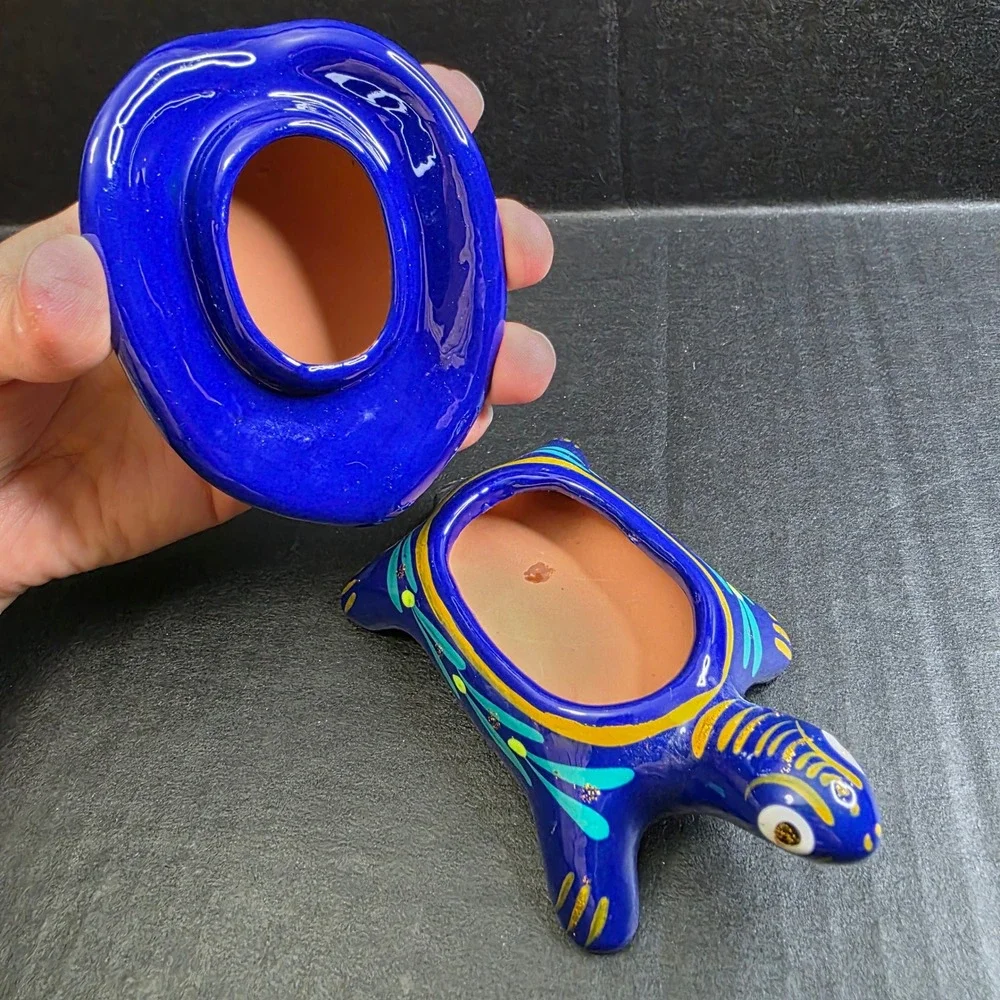 Folk Art Blue Ceramic Sea Turtle Trinket Box Talavera Decor Jewelry Dish